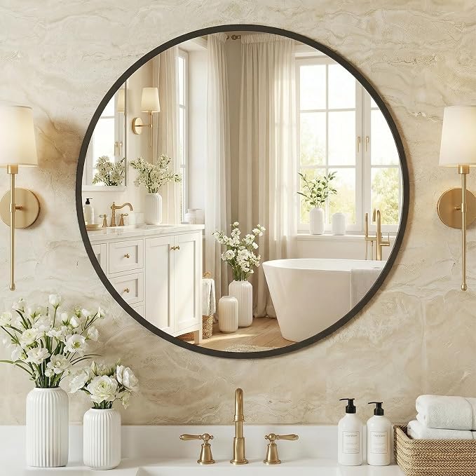 NEWBULIG 24 Inch Round Wall Mirror, Bathroom Mirrors for Over Sink | Metal Framed Circle Vanity Mirror, Wall Decor for Bedroom, Entryway, Anti-Rust, Tempered Glass, Hanging or Leaning, Black