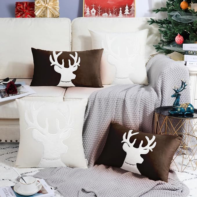 BRAWARM Christmas Pillow Cover 12 X 20 Inches, Coffee Reindeer Embroidered Lumbar Pillow Cover, Soft Velvet Decorative Throw Pillow for Couch Bed Sofa Living Room Home