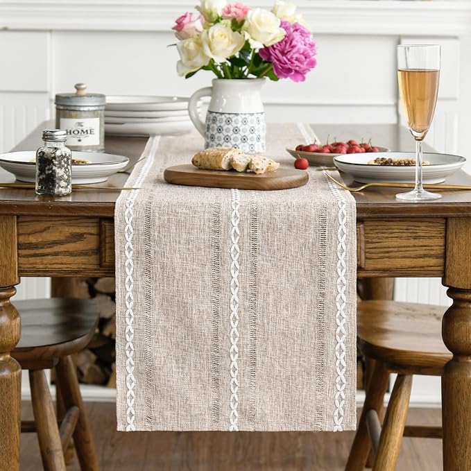 Artoid Mode Brown Rustic Cotton Linen Table Runner, Seasonal Embroidered Hollow Kitchen Dining Table Decoration for Home Party Decor 13x36 Inch
