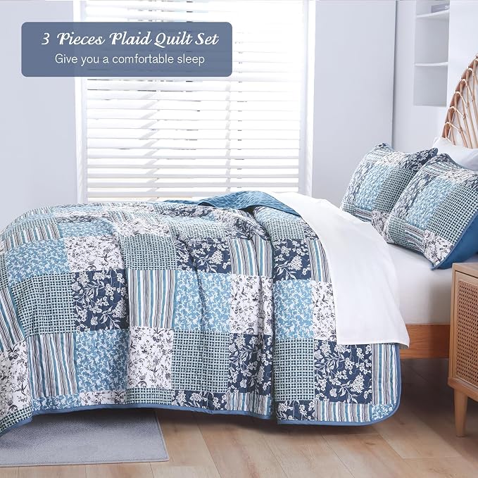 Mybedsoul Navy Blue Quilts Set Queen Size, Patchwork Floral Bedding Set | Soft Lightweight Microfiber Reversible Coverlet Set, 3 Pieces Plaid Bedspread, Bed Sets for All Seasons 96"x90"