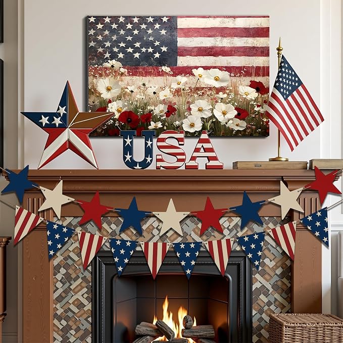 Framed American Flag Coastal Wall Art, Patriotic Beach Canvas Art Pictures, USA Seaside Wall Decor, Made in USA Ready to Hang for Living Room Bedroom Porch