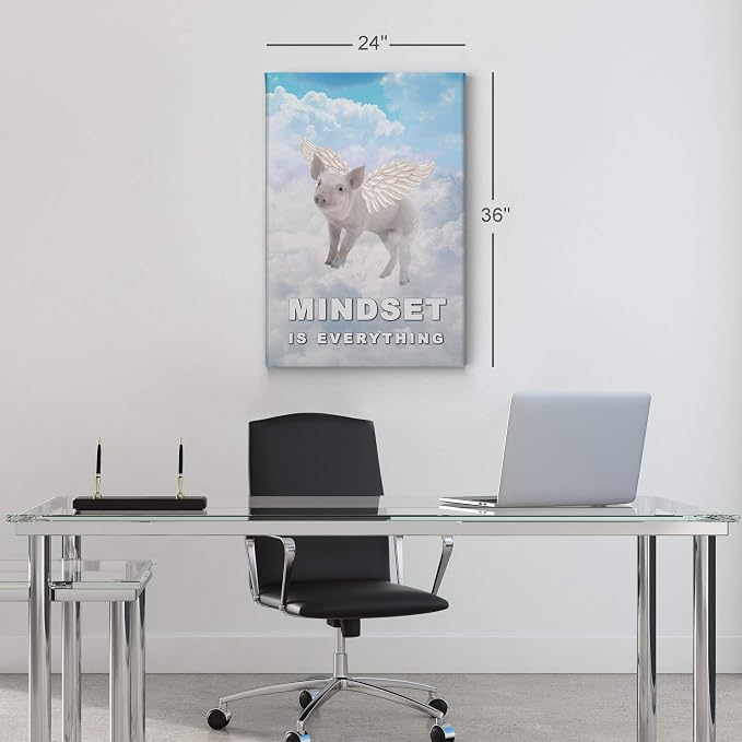 Smile Art Design Mindset is Everything Pig with Wings Flying in Sky Motivational Wall Art Canvas Print Inspirational Entrepreneur Quote Canvas Print Modern Office Decor Gift Ready to Hang 36x24
