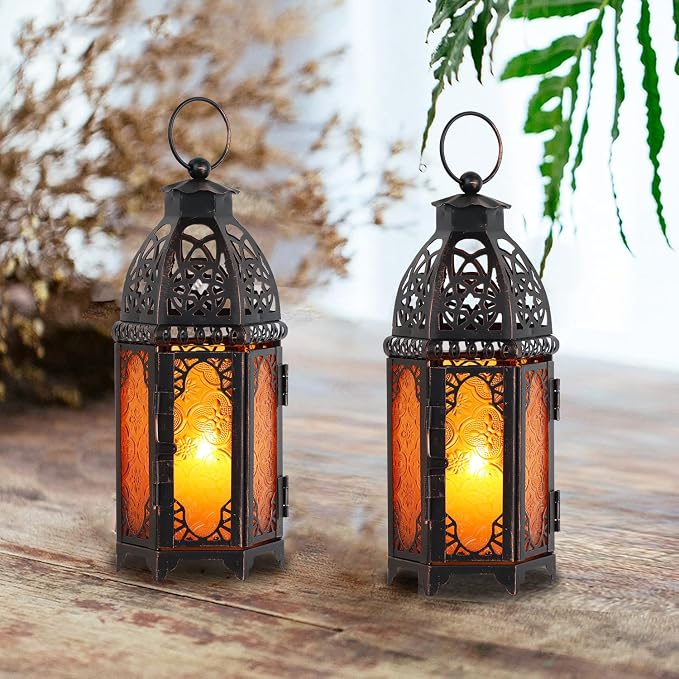 Set of 2 Moroccan Lanterns Decorative Indoor & Outdoor, 11’’ Medium Size Vintage Metal Hanging&Tabletop Candle Holder Decor, Halloween Christmas Ramadan Decorations for Home (Amber)