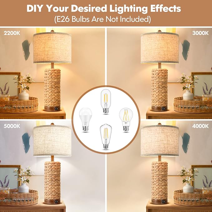Rattan Table Lamp for Living Room with 2 USB Ports, 27In Tall Bedroom Table Lamp with Hand-made Seagrass Base, Rustic Farmhouse Large Bedside Nightstand Lamp for End Table, E26 Socket, Rotary Switch
