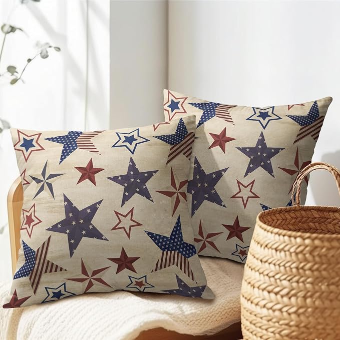 Kawani 4th of July Patriotic Pillow Covers 24x24 Inch Vintage Red Blue American Stars Independence Day Outdoor Throw Pillows Set of 2 Rustic Memorial Day Pillowcases for Couch