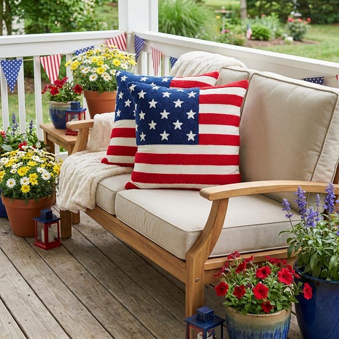 GEEORY Patriotic American Flag Pillow Covers Set of 2 16x16, Chenille