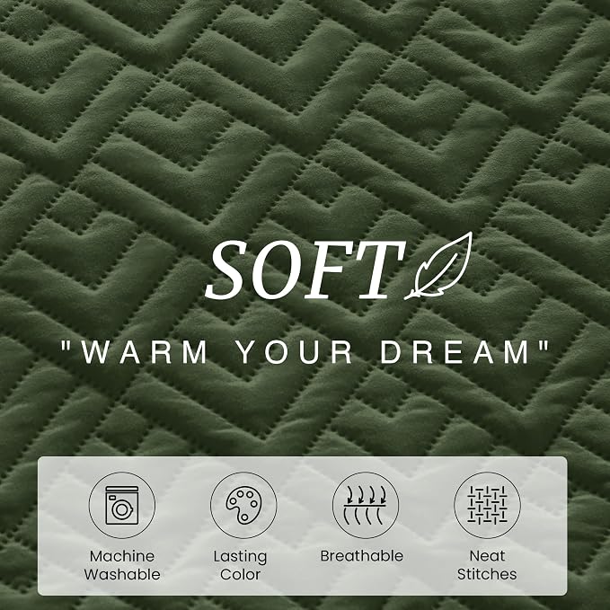 EXQ Home Quilt Set Queen Size Summer Squares Pattern Olive Green Bedspread | Bedding Set For All Season Use, Soft & Breathable Coverlet,3-Piece Set Includes 2 Shams, Machine Washable