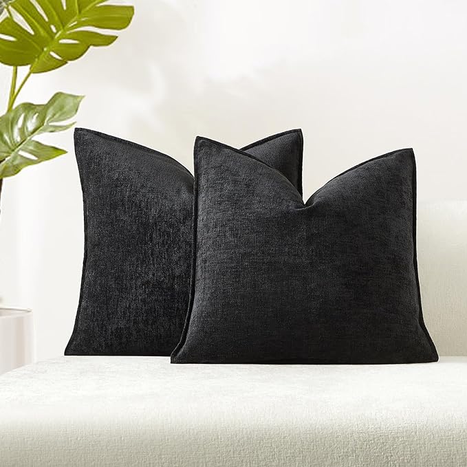 JUSPURBET 16x16 Chenille Decorative Throw Pillow Covers Set of 2,Black | Cozy Soft Cushion Covers Case with Hidden Zipper for Couch Sofa Bed Home Decor Living Room
