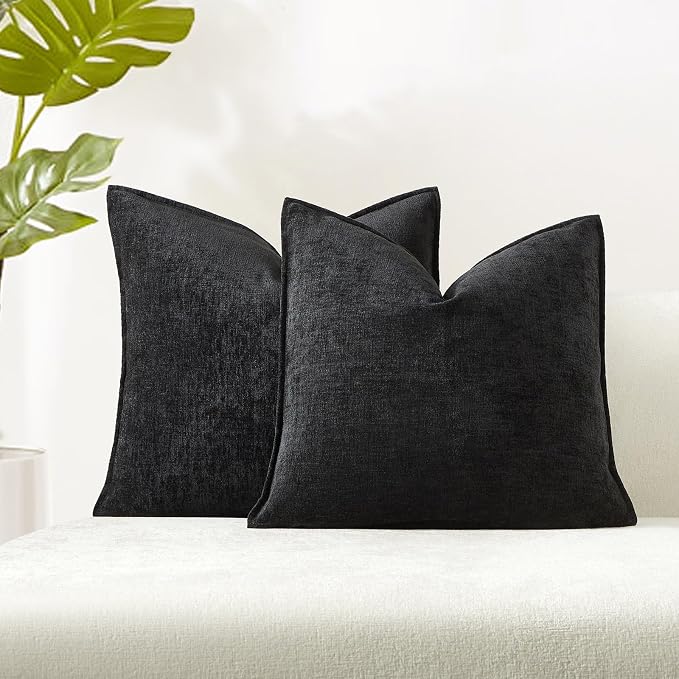 JUSPURBET 24x24 Chenille Decorative Throw Pillow Covers Set of 2,Black | ﻿Cozy Soft Cushion Cover Case with Hidden Zipper for Couch Sofa Bed Living Room Home Decor Halloween