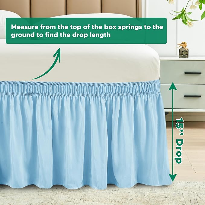 Wrap Around Bed Skirt Full Size 15" Drop-Elastic Dust Ruffle Light Blue | Adjustable Pleated Bedskirt-Easy Fit Wrinkle Resistant Washable Bed Skirting-Hotel Studio Apartment Home Guest Bedroom Rental