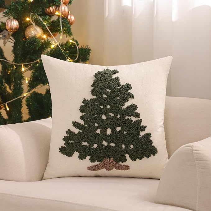 Christmas Tufted Throw Pillow Covers 18x18 Set of 2 Green Xmas Tree