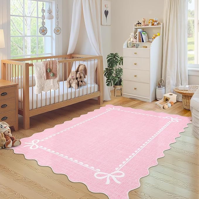COZYLOOM 4x6 Scalloped Living Room Rugs Washable Kids Bedroom Rug, Non Slip Stain Resistant Modern Bow Rug Non Shedding Low Pile Solid Carpet Foldable Bordered Mats for Entryway, Dining Room, Pink