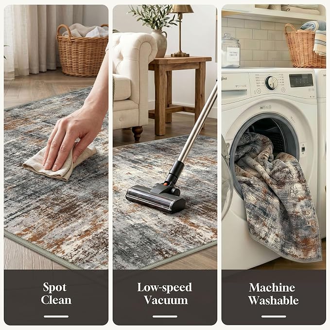 Lansny Abstract Washable 2x6 Hallway Runner Rug Non Slip Kitchen Runner | Grey/Multi;Thin Printed Faux Wool Rug Runners;Entryway Runner Indoor;Rubber Backed 6ft Carpet Runners for Hall;Bedroom Runner
