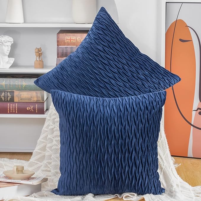 MADIZZ Set of 2 Super Soft Velvet Decorative Throw Pillow Covers 20x20 inch Blue Square with Texture Luxury Style Cushion Case Pillow Shell for Sofa Bedroom