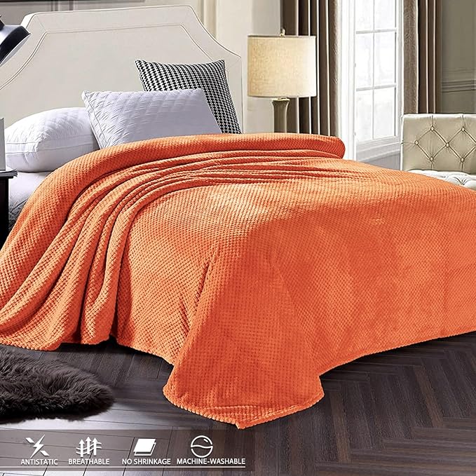 Exclusivo Mezcla Soft Waffle Fleece Bed Blanket Twin Size, Burnt Orange | Lightweight Plush Blanket for Bed, Couch, Sofa, Cozy Fluffy Design for Bedroom, Guest Room, All Season, 60x80 Inches