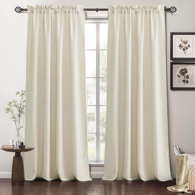 RYB HOME Living Room and Dining Room Curtains 120 inches Long | Light Filtering, Weave Textured, Rod Pocket, Cream Colored, W52 x L120, 2 Panels Set