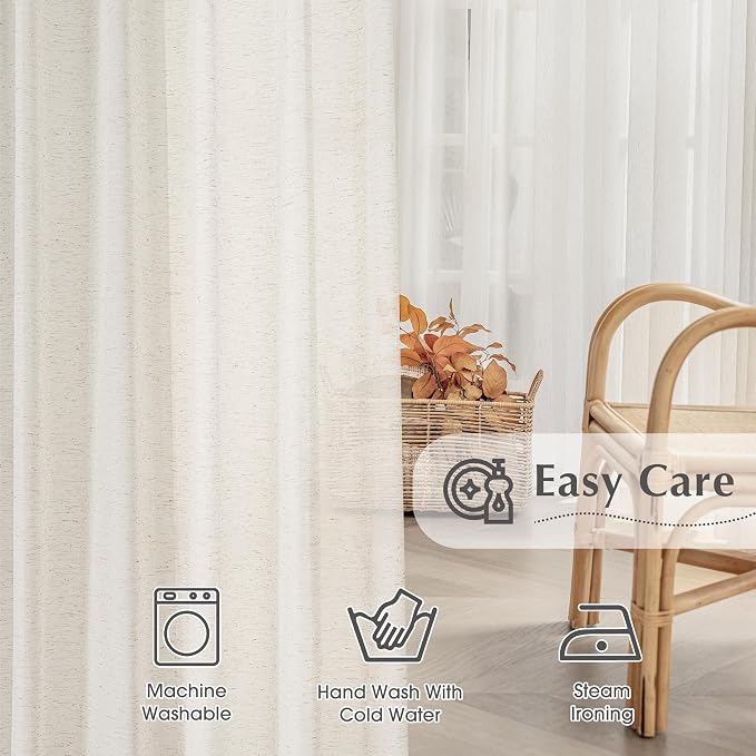 FMFUNCTEX Beige Linen Pinch Pleated Sheer Curtains, 90 Inches, 2 Panels | Natural Semi Sheer Drapes, Flax Linen, Rod Pocket, Light Filtering, Farmhouse French, Kitchen, Privacy, for Living Room