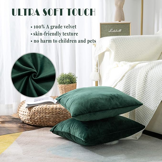Stellhome Soft Velvet Throw Pillow Covers Square Decorative Cushion Covers for Bed Couch Sofa Bench, 16 x 16 inch (40 x 40 cm), Olive, Pack of 2