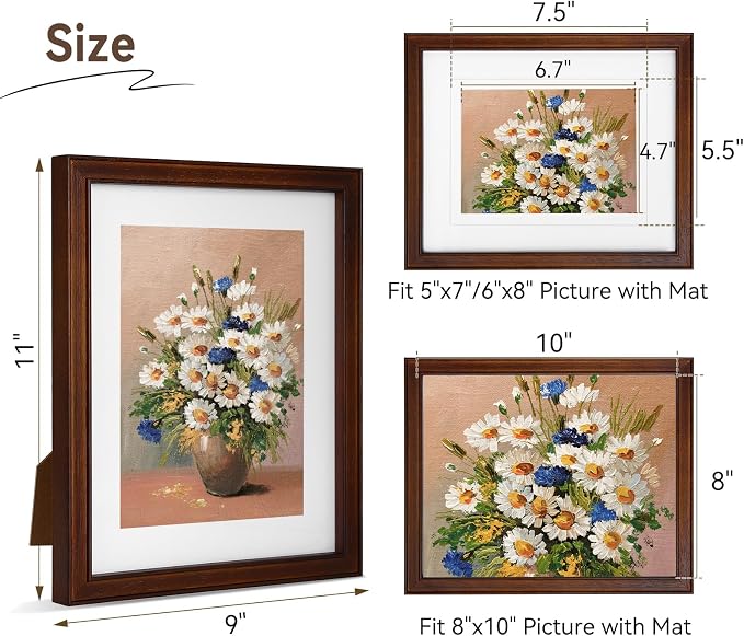 SNAPSHOT 8x10 Picture Frame, Natural Walnut Wood Photo Frame Set with Real HD Glass for Pictures 6x8/5x7 with Mat or 8x10 Without Mat, Gallery Poster Frame for Wall or Tabletop - 2Pcs