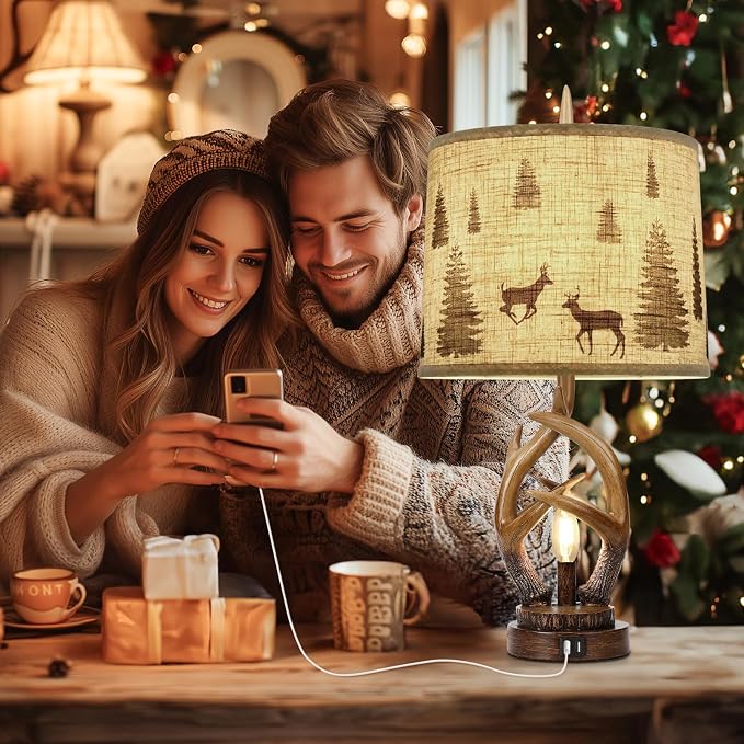 Scenekoy Rustic Farmhouse Antlers Table Lamp Set of 2 with Night Light