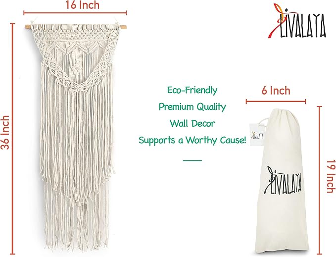 Boho Macrame Wall Hanging Woven Decor - Ivory 16 x 36 Inches Modern Bohemian Farmhouse Wall Art Tapestry Decor for House, Apartment, Dorm Room, Nursery, Party Decorations, Wedding, Wall Ornament
