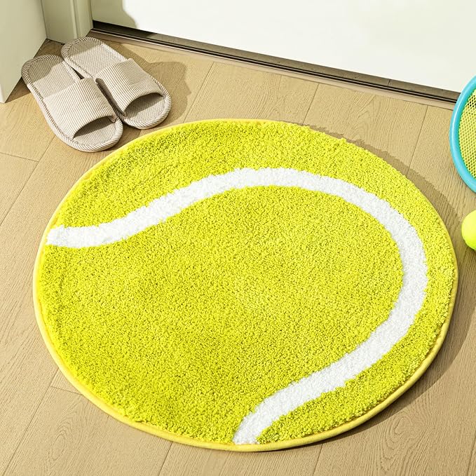 Funtery 25.6 Inch Tennis Ball Decor Gifts Tennis Ball Rug for Bathroom Plush Soft Round Green Mat Sports Washable Room Carpet for Bathroom Bedroom Home Decorative Door Mat Favor Gift