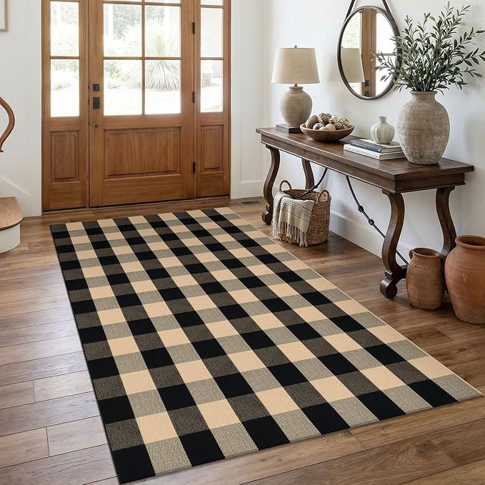 KOZYFLY Buffalo Plaid Area Rug 4 x 6 Ft Brown and Black Checkered Rug | Washable Outdoor Rugs, Cotton Front Porch Rug, Woven Front Door Rug, Indoor Carpet for Living Room Dining Room Kitchen Patio