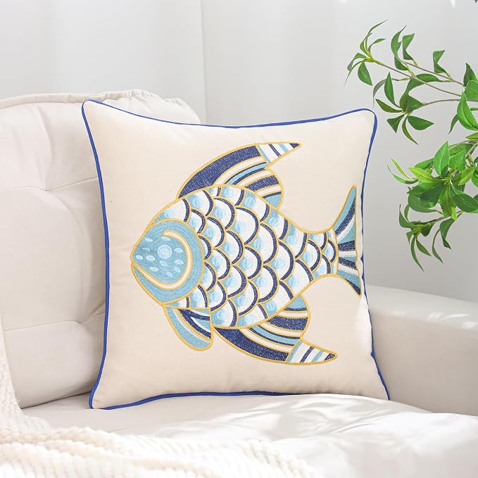LUOYEHK Embroidered Pillow Covers 18x18 Set of 2 Summer Coastal Blue Fish Decorative Pillow Cases Ocean Themed Canvas Cushion Covers for Couch Sofa Bed Living Room