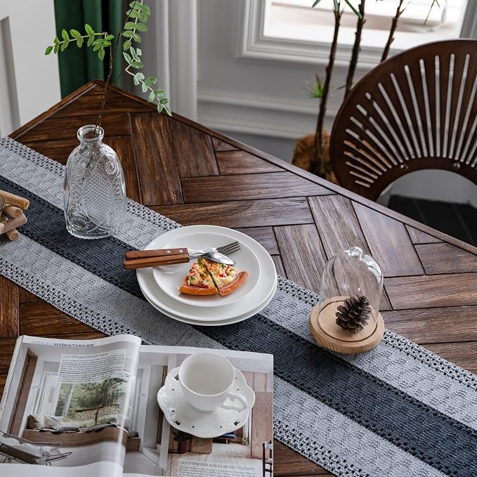 Macrame Table Runner Grey Boho Table Runners with Tassels 12x48in | Alynsehom Hand Woven Cotton Table Runner Rustic Farmhouse Table Runners for Bohemian Kitchen Dining Table