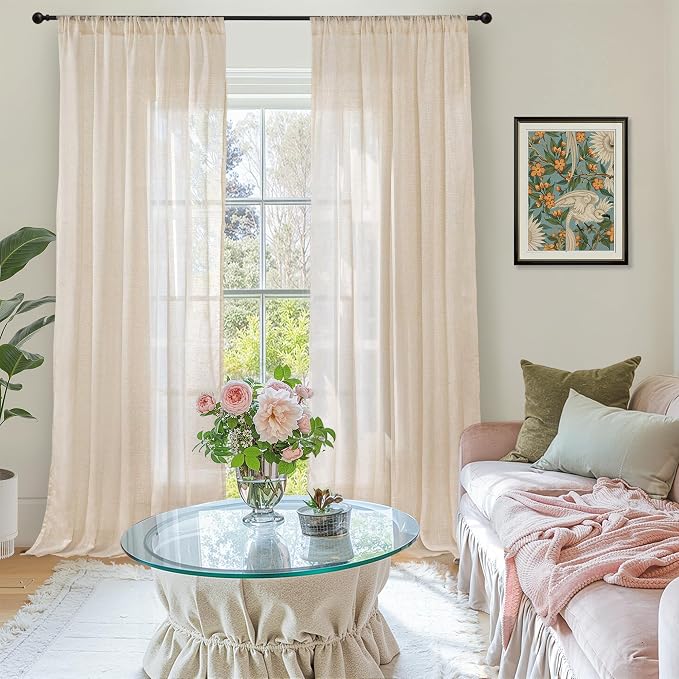 BGment Tan Linen Curtains 84 Inch Length 2 Panels Burlap Semi Sheer Drapes | Light Filtering Natural Window Treatments with Rod Pocket for Farmhouse Bedroom Living Room Decor, 52 X 84 Inch