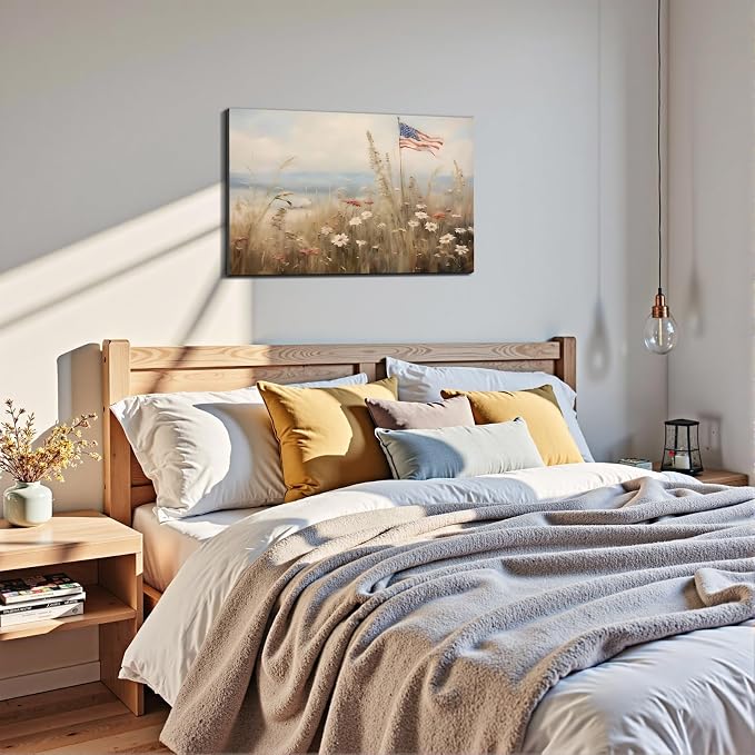 Framed American Flag Wildflower Field Wall Art, Patriotic Rustic Canvas Art Pictures, USA Flag Coastal Meadow Wall Decor, Made in USA Ready to Hang for Living Room Bedroom