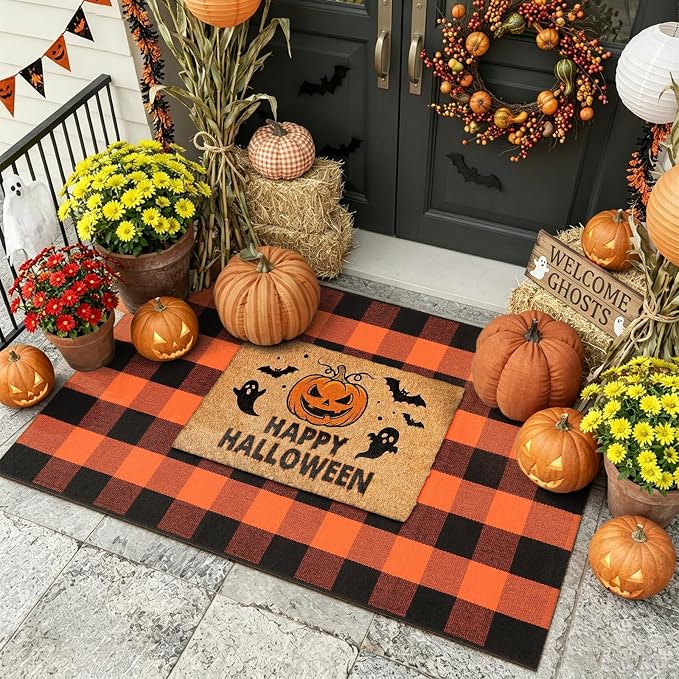 LEEVAN Halloween Buffalo Plaid Door Mat 3x5 Layering Front Porch Rugs | Washable Black and Orange Fall Thanksgiving Checkered Outdoor Doormat, Fall Decor Woven Door Mat for Patio Entryway Kitchen