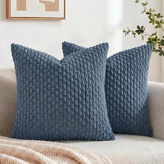 Fancy Homi 2 Packs Dusty Blue Decorative Throw Pillow Covers 26x26 Inch for Couch Bed Sofa, Modern Farmhouse Boho Home Decor, Soft Cute Plush Corduroy Cushion Case 66x66 CM