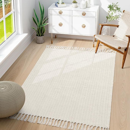 Lahome Boho Bathroom Rugs, 3x5 Washable Area Rug for Kitchen Bedroom Entry | Bath Door Mat with Tassels Woven Cotton, Farmhouse White Beige Low Pile Throw Carpet for Entryway Living Room Laundry Decor