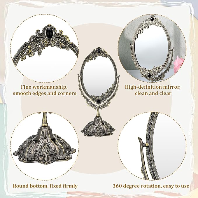 Vintage Double Side Makeup Mirror Floral Tabletop Oval Vanity Swivel Double-Sided-Mirror Vintage Swivel Double Sided Cosmetic Mirror with Stand for Dressing Room Bedroom (Bronze)