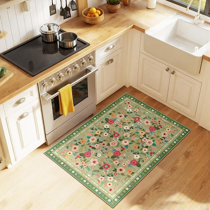 Washable Floral Area Rug for Living Room 2x3 Light Green | Non-Slip，Vacuum-Friendly, Low Pile, Flower Carpet for Bedroom Kitchen Entryway Dining Room Office Nursery