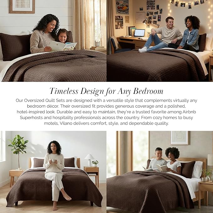 Southshore Fine Living, Inc. Twin XL Bedspread Quilt Set, Dorm Room Bedding Essentials, Machine Washable Bed Spread for Guest Room, XL Twin Brown Bedspread Set w/Pillow Sham, Chocolate Brown Quilt