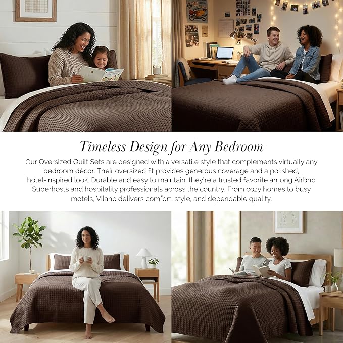Southshore Fine Living, Inc. Full/Queen Quilt Bedding Set, Comfy Microfiber Coverlet, Queen Size Bedspread, Pet Hair Resistant Bedding, Full Size Bedspread w/2 Shams, Chocolate Brown Quilt