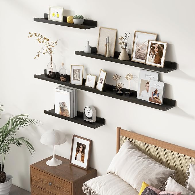 Picture Ledge Shelf for Wall, 16 inch Solid Pine Wood Nursery Book Shelves 2 Packs, Floating Ledge Shelves for Kids' Room Bedroom Bathroom Living Room Photo Frames Office Nursey Wall Decor, Black