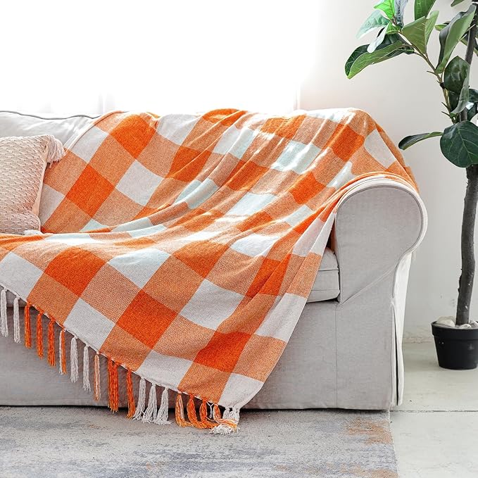 Orange White Buffalo Plaid Decor Blanket, Lightweight Soft Chenille Check Knitted Rustic Farmhouse Throw with Tassels for Couch Sofa Chair Bed Office Home, 60" x 80"