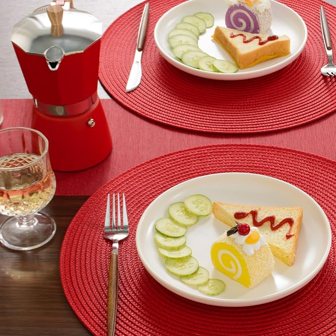 FunWheat Round Braided Placemats Set of 6 Table Mats for Dining Tables Woven Washable Non-Slip Place mats 15 inch (red, 6pcs)