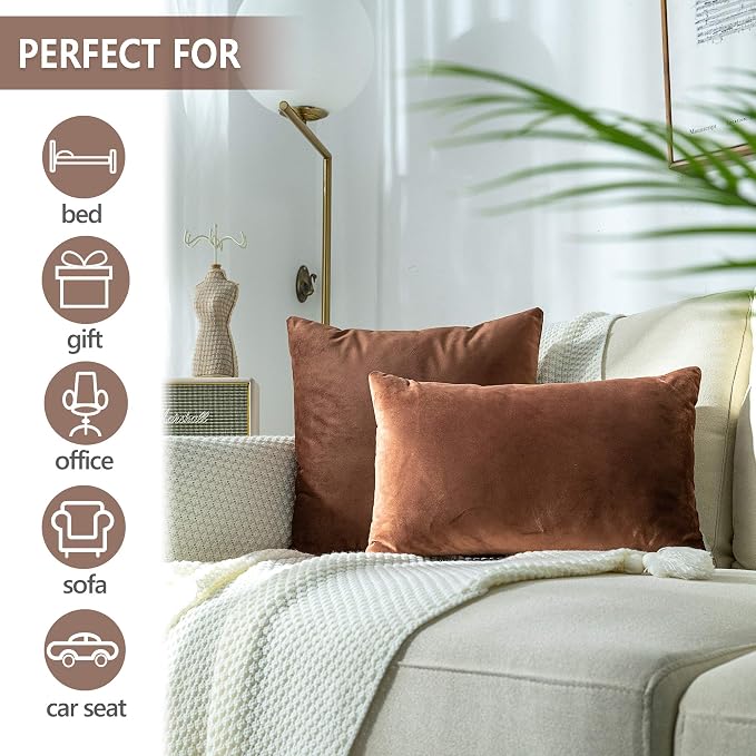 Stellhome Pack of 2 Super Soft Throw Pillow Covers Rectangle Solid Velvet Pillowcase for Bed Couch Sofa Bench, 12 x 20 inch (30 x 50 cm), Chocolate