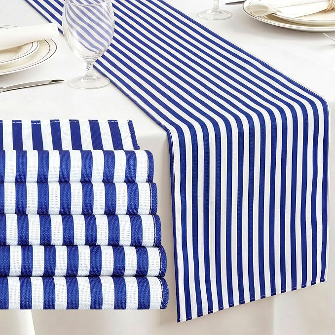 6 Pcs Navy Blue and White Stripe Table Runner, 13 x 72 Inch | Linen Kitchen Dining Room Home Decoration, Summer Farmhouse Table Runner for Wedding Birthday Party Decor