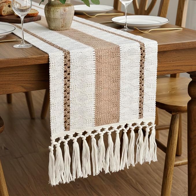 FEXIA Boho Table Runner with Tassels 12x72 Inch for Fall Home Decor | 72 Inches Long Pottery Barn Furniture Farmhouse Rustic Macrame Burlap Table Decoration for Living Room Kitchen Baby Shower