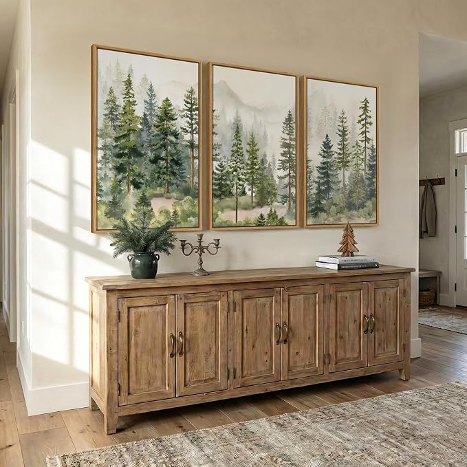 Large Framed Green Forest Landscape Wall Art for Living Room, 24x36 Inch | 3 piece, Nature, Pine tree, Woodland, Foggy mountain, Scenic, Pine tree print, Modern, Minimalist, Bedroom decor, Home office