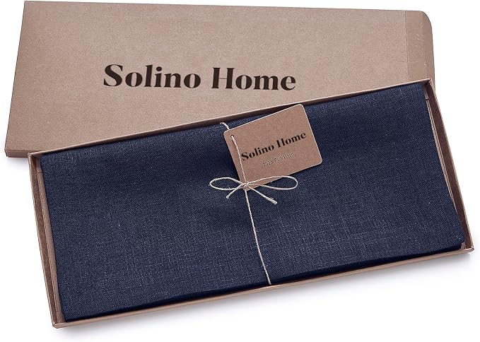 Solino Home 100% Pure Linen Dining Table Runner Navy Woven, Fete 14 x 60 in | brings a tailored look to family meals and hosting, European flax fibres, low iron finish, Navy, soft, OEKO-TEX Certified
