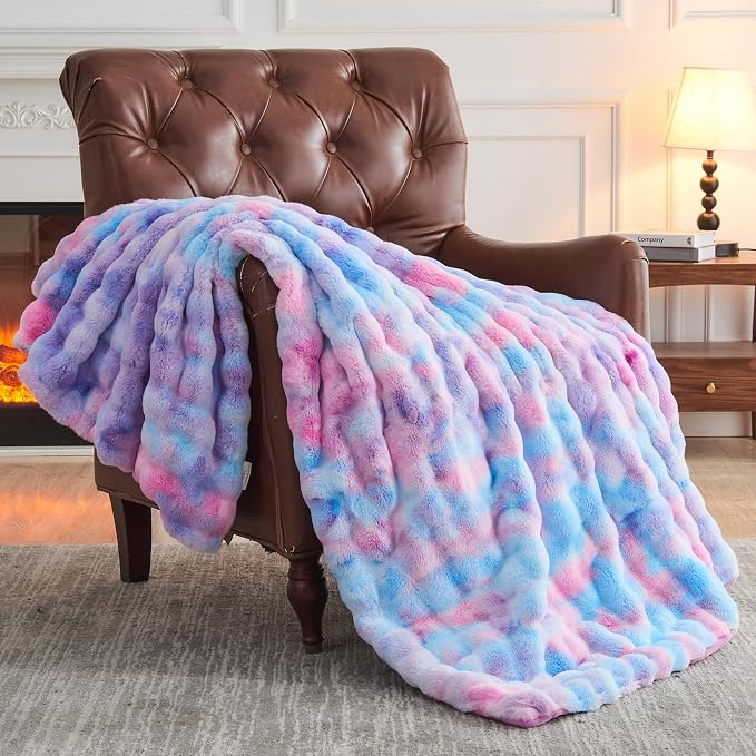 NEWCOSPLAY Faux Fur Bubble Twin Blanket for Couch, Purple Rainbow, 60"x80" | Fluffy Soft Thick Warm Bubble Blanket for Couch Sofa Bed 700GSM, Plush Cozy Luxury Decorative Throw, Gift for Women Men