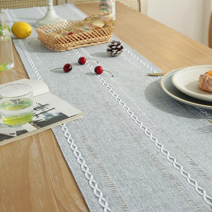 Wracra Rustic Linen Table Runner, Grey Table Runners 72 inches Long | Raised Embroidered Hollow Design and Hand-Tassels;Cotton Linen Woven Fabric; Farmhouse Table Runner;Home Dining Decor