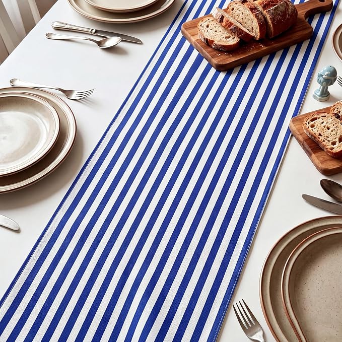 6 Pcs Navy Blue and White Stripe Table Runner, 13 x 72 Inch | Linen Kitchen Dining Room Home Decoration, Summer Farmhouse Table Runner for Wedding Birthday Party Decor