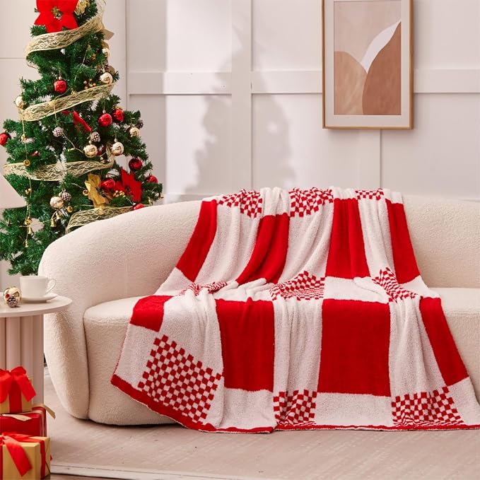 Red Checkered Twin Blanket for Christmas, Buffalo Plaid Throw Blanket Ultra Soft Warm Lux Microfiber Yarn Blanket for Couch, Reversible Cozy Knitted Blanket,Red White,60"x80"